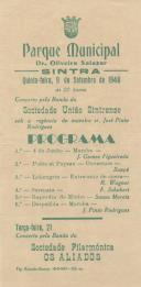 Programa da Sociedade União Sintrense anunciando um concerto da Banda da Sociedade União Sintrense no Parque Municipal de Sintra, Dr. Oliveira Salazar.