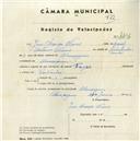Registo de velocípede de marca Tagus, com o nº 4496, em nome de José Chança Nunes, morador em Almoçageme.