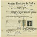 Registo de matricula de velocipedista em nome de Fernando António Capucho, morador em Montelavar, com o nº de inscrição 742.