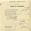 Registo de velocípede de marca Olympique, com o nº 1647, em nome de Domingos Francisco Pedroso, morador em Almargem do Bispo.