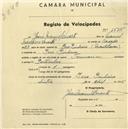 Registo de velocípede de marca Toman, com o nº 1525, em nome de Josué Manuel Duarte, morador em Pero Pinheiro.