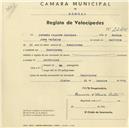 Registo de velocípede com o nº 2245, em nome de António Augusto Casinhas, morador em Montelavar.