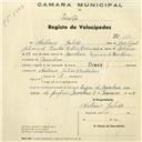 Registo de velocípede de marca Dinar, com o nº 154, em nome de António Julião, morador em Morelena.