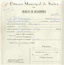 Registo de velocípede de marca Olga, com o nº 4987, em nome de José Rodrigues, morador em Sintra.