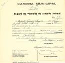 Registo de um veiculo de duas rodas tirado por um animal de espécie asinina destinado a transporte de mercadorias em nome de Augusto Tavares de Almeida, morador em Sacotes.