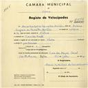 Registo de velocípede de marca Flecha, com o nº 2052, em nome de Maria Rachel de Carvalho Monteiro, moradora em Praia das Maçãs.