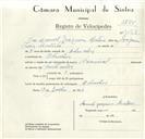 Registo de velocípede de marca Nacional, com o nº 9078, em nome de Manuel Joaquim Monteiro, morador em Odrinhas.