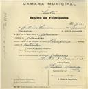 Registo de velocípede de marca Olympique, com o nº 1151, em nome de António Saraiva, morador em Galamares.