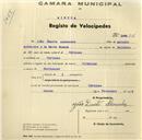 Registo de velocípede de marca Olympique, com o nº 256, em nome de João Duarte Alexandre, morador em Odrinhas.