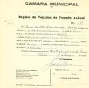 Registo de um veiculo de duas rodas tirado por um animal de espécie muar destinado a transporte de mercadorias em nome de Maria Benedita Seabra Bernardo, moradora na Cidade de Lisboa.