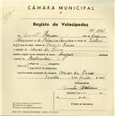 Registo de velocípede de marca Origan, com o nº 3767, em nome de Duarte Mariano, morador em Covas de Ferro.