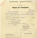 Registo de velocípede de marca Nacional, com o nº 1721, em nome de Pedro José Policarpo, morador em Tojeira.