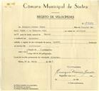 Registo de velocípede com o nº 9982, em nome de Joaquim Olindo Pinto, morador em Almornos.
