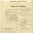 Registo de velocípede de marca Peugeot, com o nº 1521, em nome de Manuel dos Santos André, morador em Sintra.