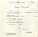 Registo de velocípede de marca Martano, com o nº 8951, em nome de Francisco Viegas Carreira, morador em Queluz.