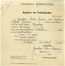 Registo de velocípede de marca Flecha, com o nº 2464, em nome de Geraldo Sales Lane, morador em Queluz.