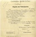 Registo de velocípede de marca Stella, com o nº 2135, em nome de Maria Del Carmen Maños Soler, moradora em Praia das Maçãs.