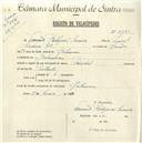 Registo de velocípede de marca Pombal, com o nº 4681, em nome de Fernando Rodrigues Saraiva, morador em Galamares.