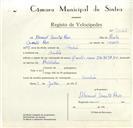 Registo de velocípede de marca Ilo, com o nº 9045, em nome de Manuel Duarte Raio, morador em Sintra.