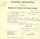 Registo de um veiculo de duas rodas tirado por dois animais de espécie muar destinado a transporte de mercadorias em nome de Maximiano José Custódio, morador em Gouveia.