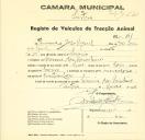 Registo de um veiculo de duas rodas tirado por dois animais de espécie bovina destinado a transporte de mercadorias em nome de Fernando José Miguel, morador no Arneiro dos Marinheiros.