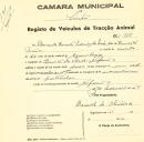 Registo de um veiculo de duas rodas tirado por um animal de espécie muar ou cavalar destinado a transporte de mercadorias em nome de Bernardo Ernesto Moniz da Maia, morador na Quinta do Vasco em Nafarros.