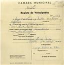 Registo de velocípede com o nº 1527, em nome de Jorge António da Silva, morador em Pé da Serra.