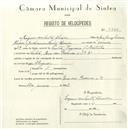 Registo de velocípede com o nº 5535, em nome de Joaquim dos Santos Almeida, morador em Rua das Padarias nº 19, Sintra.