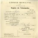 Registo de velocípede com o nº 3771, em nome de António Rufino, morador em Sintra.