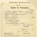 Registo de velocípede com o nº 3829, em nome de António Antunes Mateus, morador em Linhó.