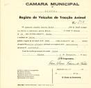 Registo de um veiculo de duas rodas tirado por um animal de espécie cavalar destinado a transporte de mercadorias em nome de Armando Damião Duarte Félix, morador em Belas.