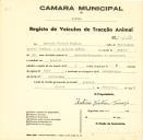 Registo de um veiculo de duas rodas tirado por dois animais de espécie bovina destinado a transporte de mercadorias em nome de António Ventura Tomásio, morador em Maceira.
