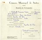 Registo de velocípede de marca Sachs, com o nº 9410, em nome de Fortunato Francisco Caeiro morador em Azenhas do Mar.