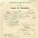 Registo de velocípede com o nº 3803, em nome de Joaquim Lopes Frois, morador em Quinta dos Lagos, Sintra.