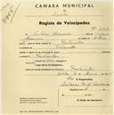 Registo de velocípede com o nº 1226, em nome de António Alexandre, morador em Fontanelas.