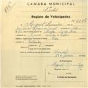 Registo de velocípede de marca Faia, com o nº 2296, em nome de Miguel Simões, morador em Lourel.