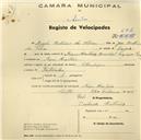 Registo de velocípede de marca Olympique, com o nº 684, em nome de Ângelo Antunes da Silva, morador em Mem Martins.
