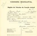 Registo de um veiculo de duas rodas tirado por dois animais de espécie muar destinado a transporte de mercadorias em nome de Dionísio Miguel, morador em Mem martins.