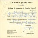 Registo de um veiculo de duas rodas tirado por um animal de espécie asinina destinado a transporte de mercadorias em nome de João Morte, morador na Quinta do Pendão, Queluz.