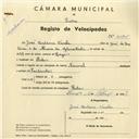 Registo de velocípede de marca Nacional, com o nº 4171, em nome de José Santana Varela, morador em Belas.