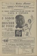 Programa do filme "O Homem com a Máscara de Ferro" com a participação de Louis Hayward e Joan Bennett. Divulga, também, matiné infantil com atividades recreativas. 