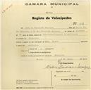 Registo de velocípede de marca R.S.P., com o nº 889, em nome de Joel da Conceição Sequeira, morador em Cabecinha.