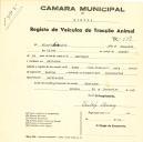 Registo de um veiculo de duas rodas tirado por dois animais de espécie asinina destinado a transporte de mercadorias em nome de Miguel Ezequiel, morador em Odrinhas.