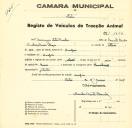 Registo de um veiculo de duas rodas tirado por um animal de espécie asinina destinado a transporte de mercadorias em nome de Domingos Santos Parcelas, morador na Assafora.