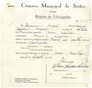 Registo de velocípede de marca Famel, com o nº 9175, em nome de Joaquim Miguel, morador em Mem Martins.