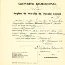 Registo de um veiculo de duas rodas tirado por dois animais de espécie bovina destinado a transporte de mercadorias em nome de Crispim Lopes Miranda, morador no Algueirão.