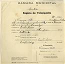 Registo de velocípede de marca Champion, com o nº 1096, em nome de Vicencia Vale, moradora em Pero Pinheiro.
