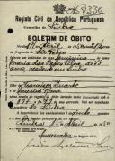 Boletim de óbito de Maria das Neves Silva, moradora em Sintra, sepultada no coval nº 7330, do cemitério de S. Marçal.