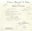 Registo de velocípede de marca João Pires, com o nº 8878, em nome de João Valentim Cuco, morador em Algueirão.