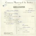 Registo de velocípede de marca Raio, com o nº 5739, em nome de Manuel Duarte Raio, morador em Sintra.